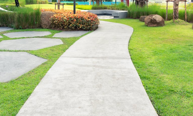Walkway and bush in garden with concrete pavement, natural plants, lawn and grass