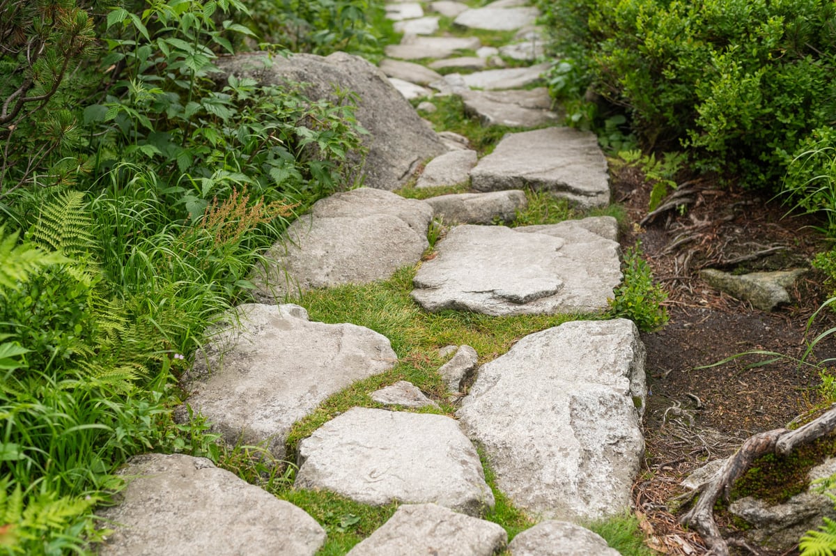 Stone path in rustic style paved with flat stones of irregular shape