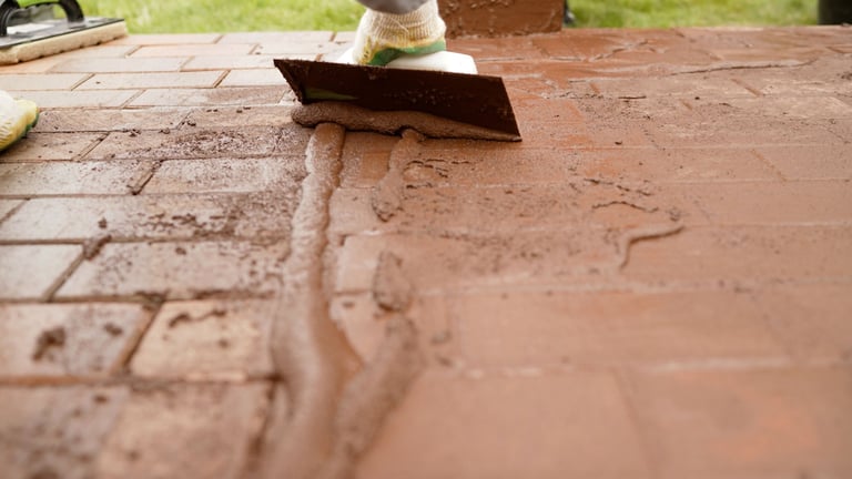 Construction worker carefully spreading grout between paving stones, using wooden float while working on residential patio renovation project